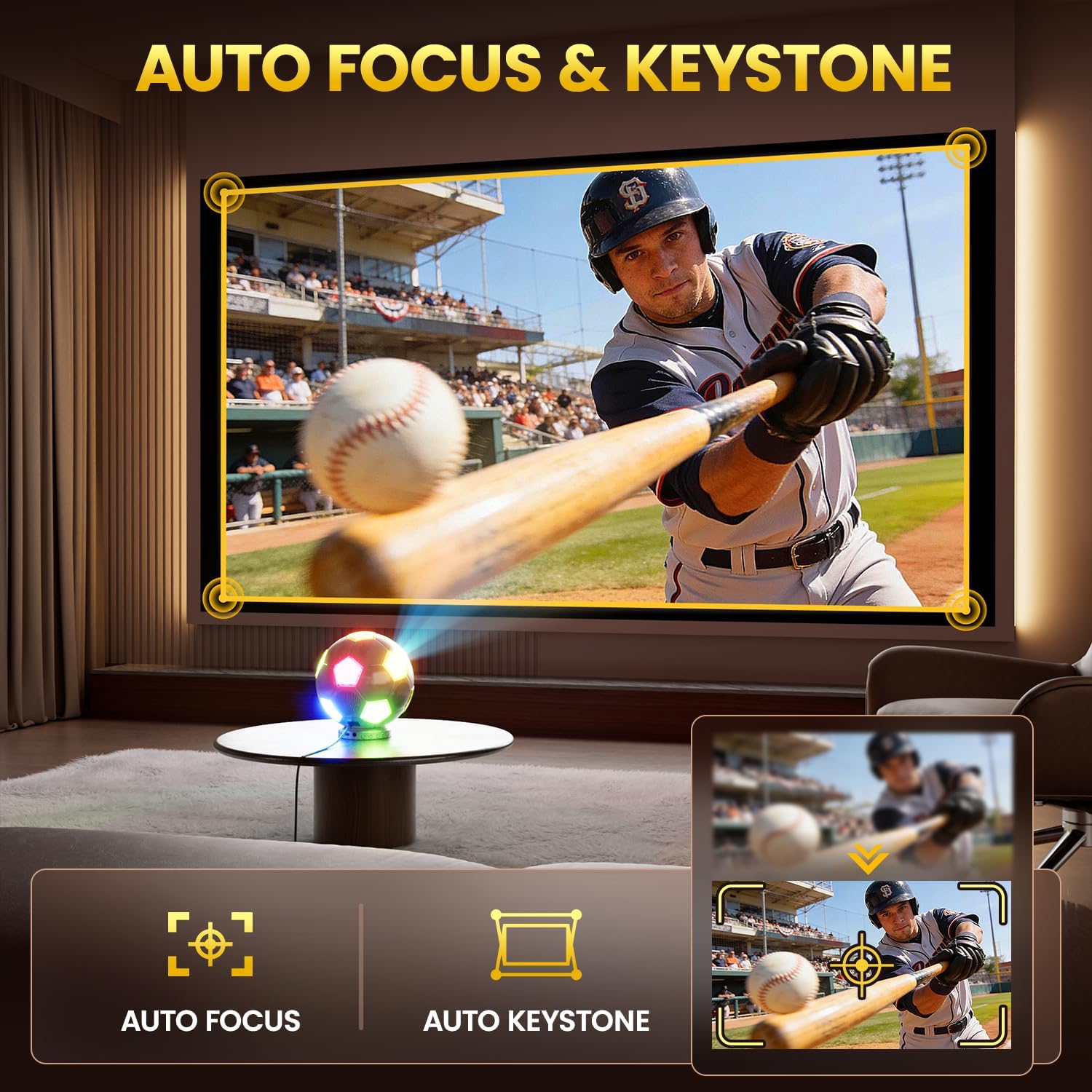 2026 New 4K Projector with WiFi and Bluetooth, Built-in Apps Movie with Auto Electric Focus & Keystone,soccer led Proyector with speaker for Indoor/Outdoor, Compatible with Phone/TV Stick/PC/PS5