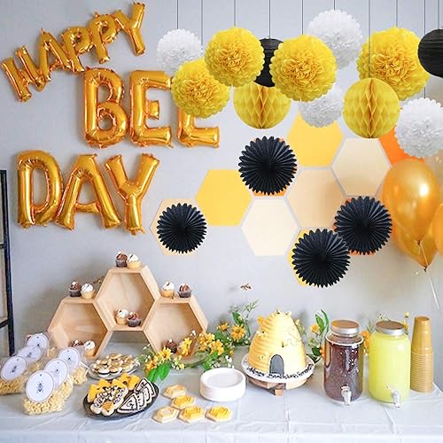 Miniatura 5 de Decoraciones de fiesta de color amarillo, blanco y negro, 16 pompones de papel, bolas de panal, faroles, abanicos de pañuelos para fiesta del día de