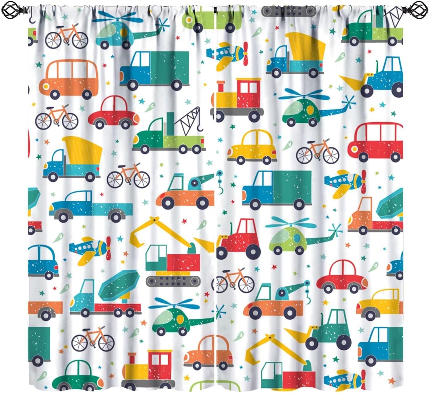 Cartoon Cars Print Blackout Curtains, Cute Shovel Trucks Transport Pattern Theme Home Fabric Kids Boys Girls Baby Bedroom Living Room Decor W42xL63in