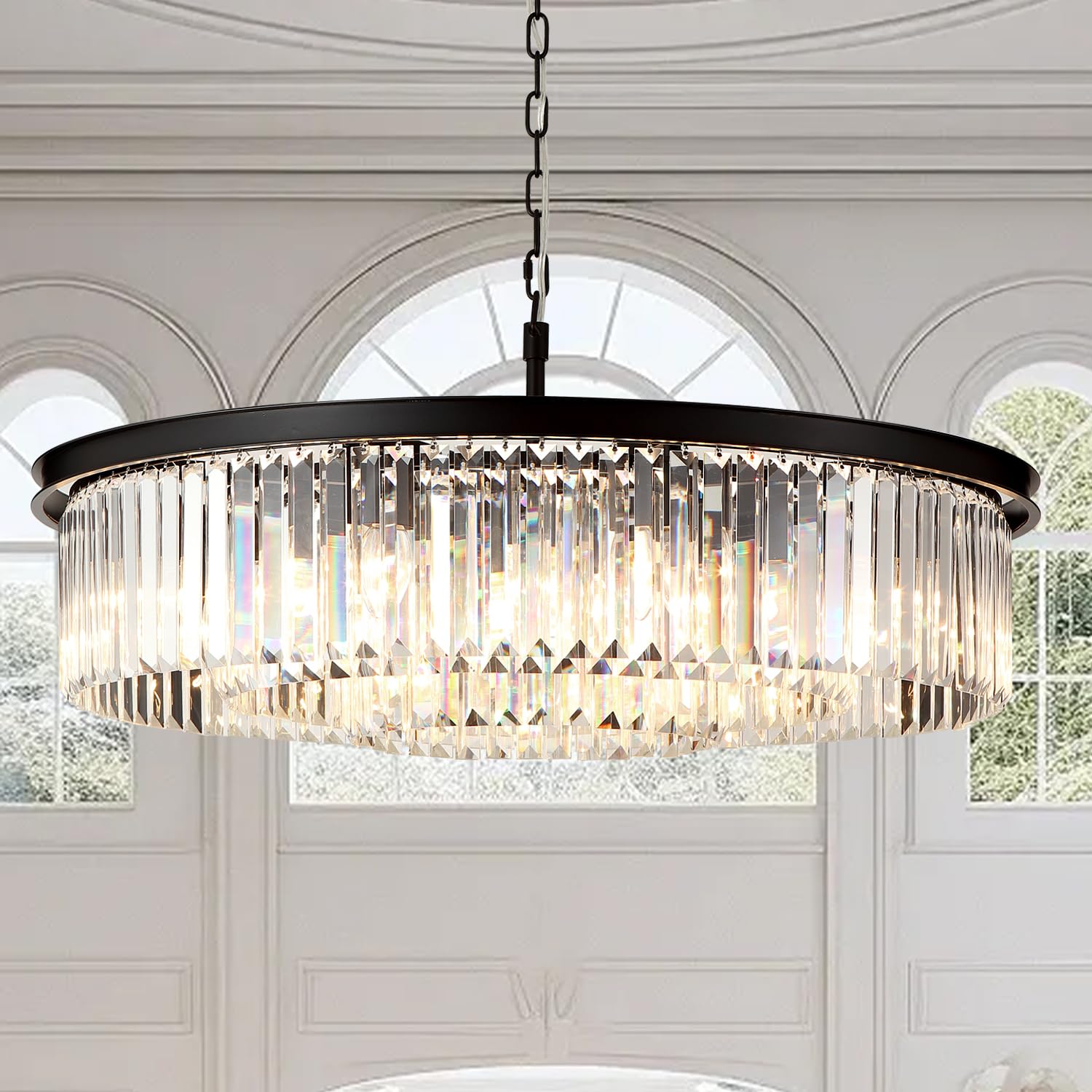 GMlixin Large Crystal Chandelier Black Chandeliers Luxury Pendant Lights Fixture for Dining Living Room 12-Lights 3-Tier Raindrop Chandeliers Lighting