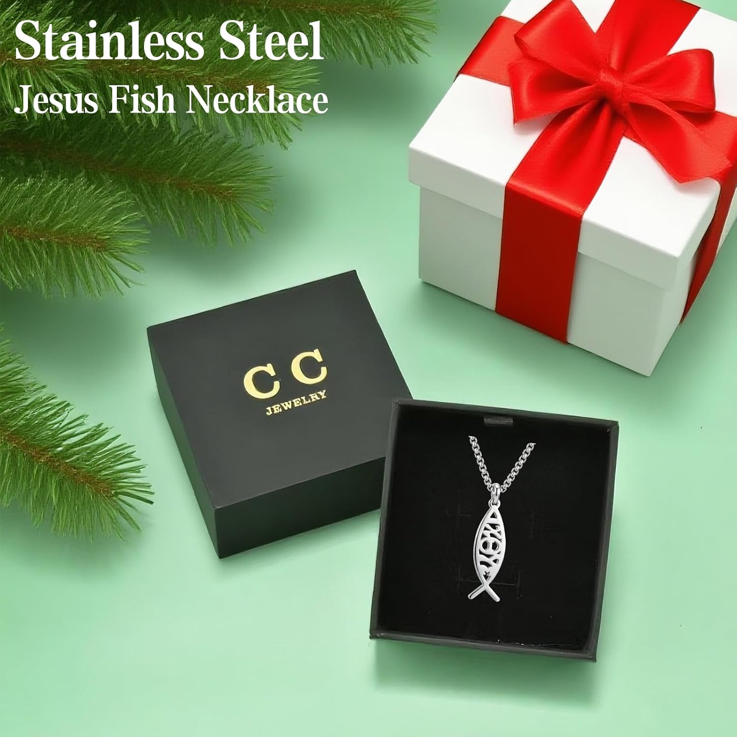 Jesus Fish Necklace Stainless Steel Christian Fish Pendant Necklace Christian Religious Jewelry Gifts for Men Women Father Husband 22+2”