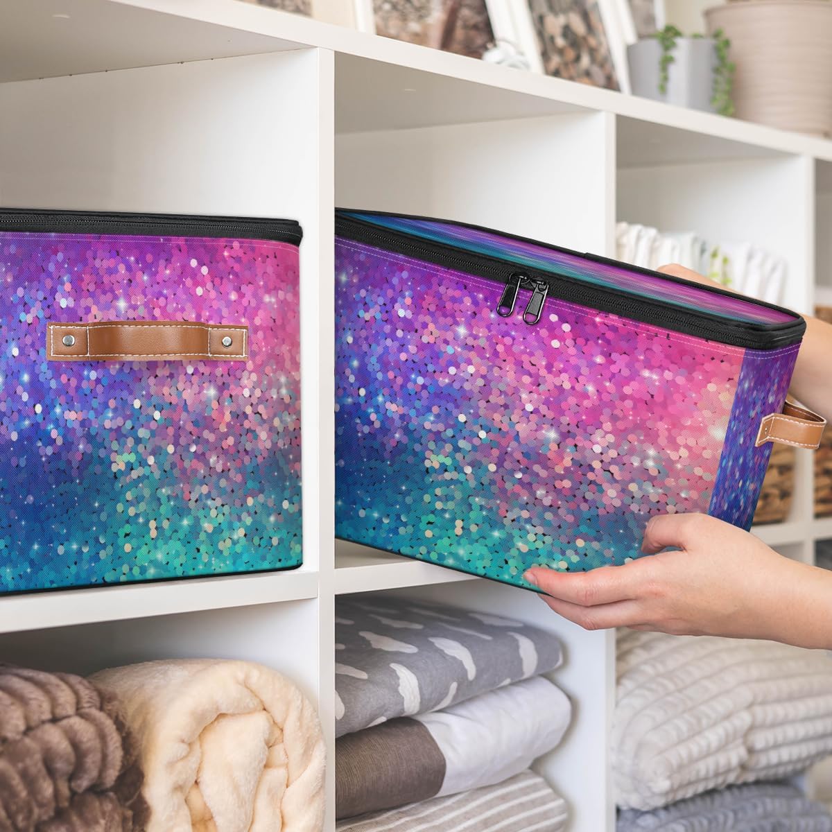 Rainbow Glitter Storage Bins Boxes with Zipper Lid Sequin image 5