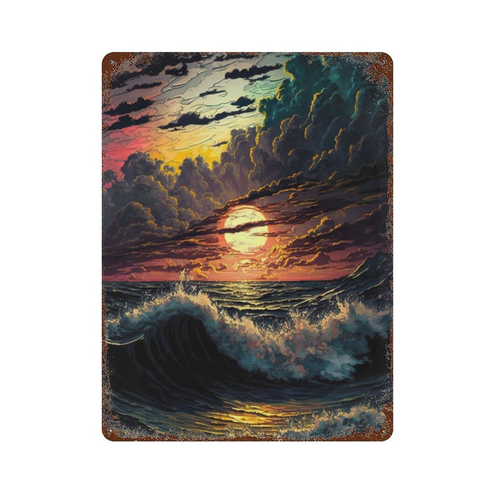 Ocean Sunset Waves Art Print Rustic Tin Plaque 15.7"x11.8", Classic Wall Plaque for Garage, Pub Or Kitchen
