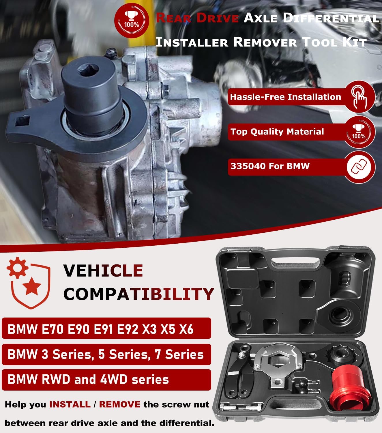 Rear Drive Axle Differential Installer Remover Tool Kit Compatible with BMW X3 X5 X6 RWD 4WD E70 E90 E91 E92, Replace for 335040 335050 335060 335080 230020, with Carrying Case