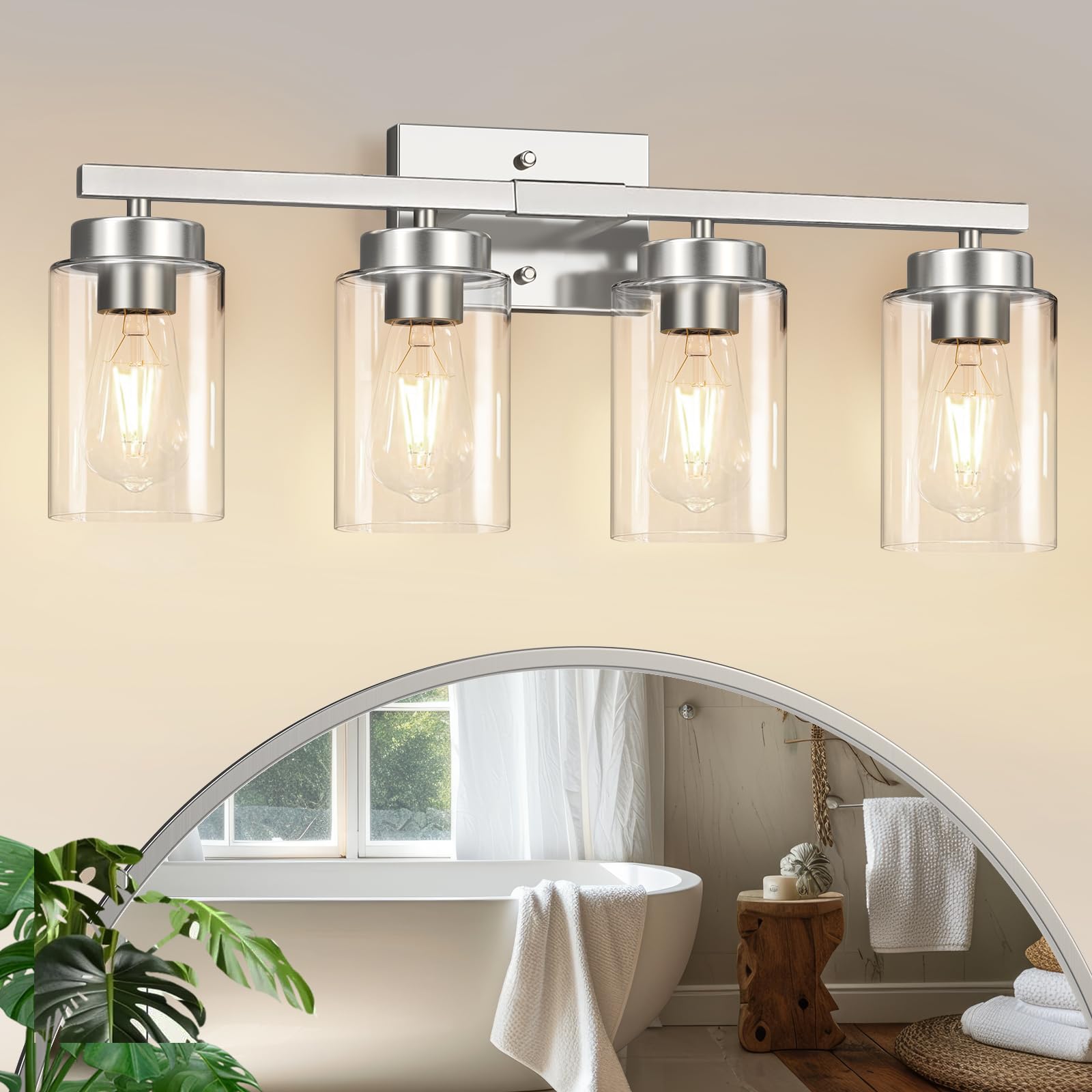 Photo 1 of IZORRO Modern Bathroom Light Fixtures, 4 Light Brushed Nickel Vanity Lights, Bathroom Lighting Fixtures Over Mirror with Clear Glass for Living Room Cabinet Bedroom