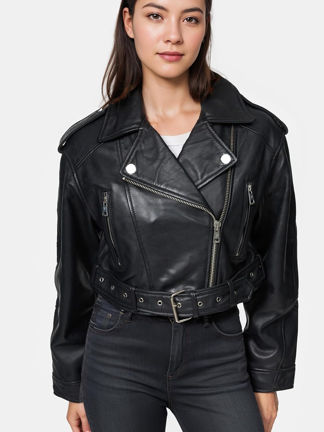 VANGULL Women's Belted Faux Leather Cropped Moto Jacket - Image 3
