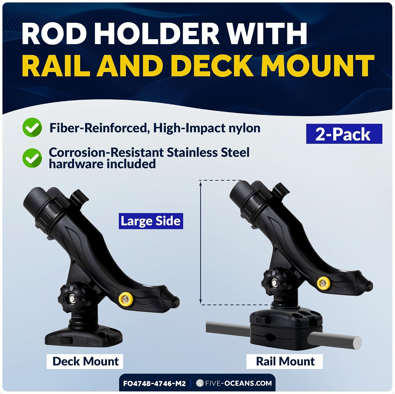 Five Oceans 2-Pack Fishing Rod Holder Set, Black, High-Impact Nylon, Hook Keeper & Locking Collar, with 2 Rail & 2 Deck Mount Bases for Versatile Mounting