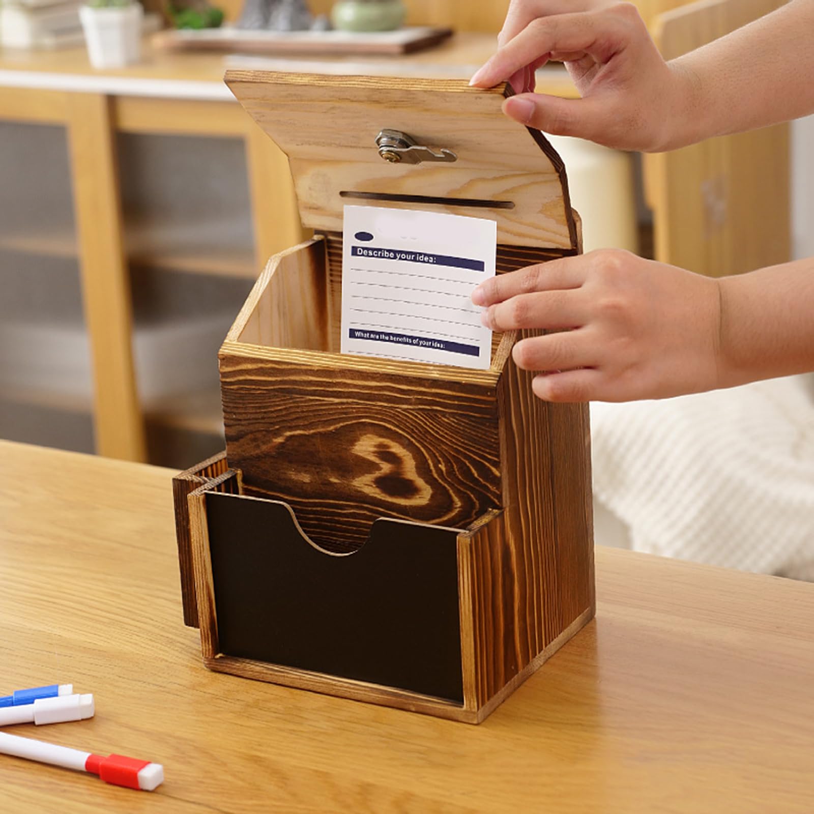 Handgefertigte Holzvorschlagsbox für Büro, mit abschließbarem Schlitz, abnehmbarer Schreibtafel und Ablagefach, Wandhalterung, abschließbare Box