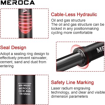 MEROCA Upgraded Speed Up 27.2mm/30.9mm/31.6mm Cable-Less Hydraulic Dropper Seatpost, 100mm/125mm Travel Dropper Post for MTB/E-Bike/Road Bike