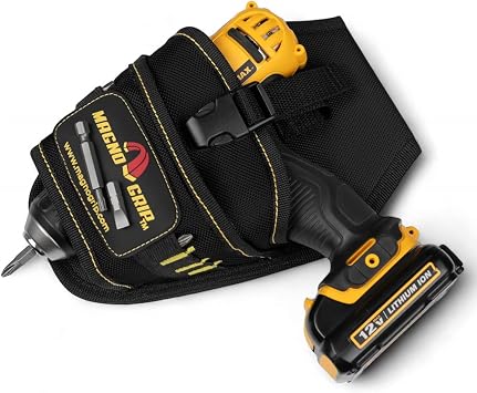 MagnoGrip Pro Drill Holster Left and Right Handed Design, 1680D Ballistic Polyester, Magnetic Storage for Drill Bits, Adjustable Strap for Secure Drill Hold, 8 Slots for Fasteners - Black.
