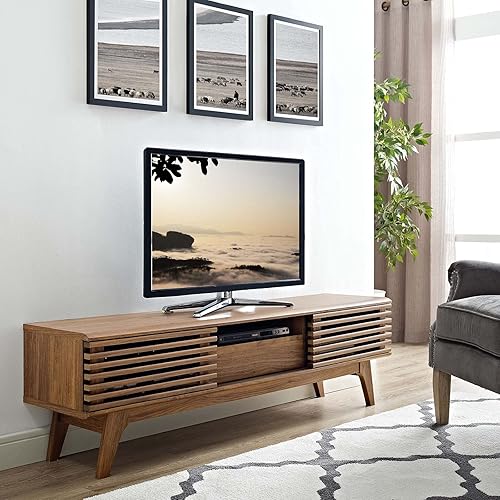 Miniatura 7 de Mueble para televisor de 59 pulgadas Modway, de estilo moderno de mediados de siglo con perfil bajo, color nogal Nuez,Blanco