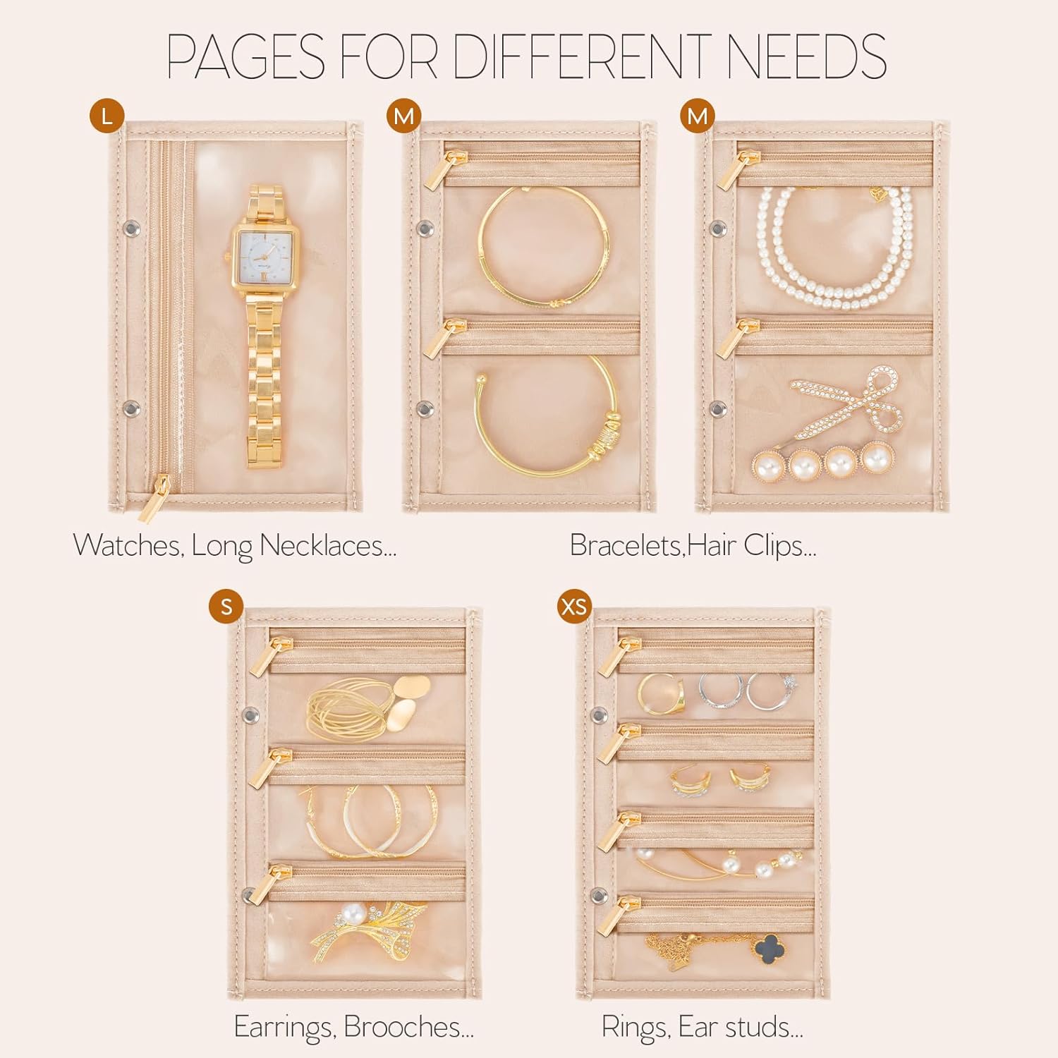 WOOMADA Travel Jewelry Organizer Bag, 5 Pcs Clear Velvet Zipper Pockets for Women, Portable Jewelry Storage Pouch for Travel & Business Trips - Image 3