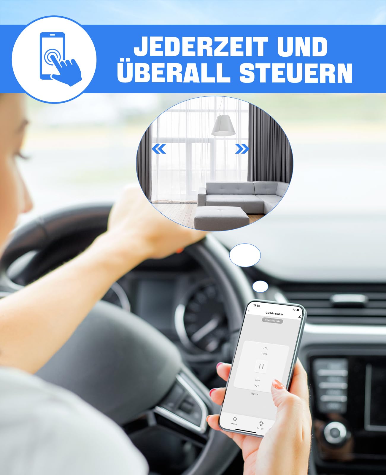 Smart Rolladenschalter, Wlan Jalousie Schalter mit schaltbaren LEDs, Kompatibel mit Amazon Alexa/Google Assistant, Neutralleiter erforderlich 80x80 mm
