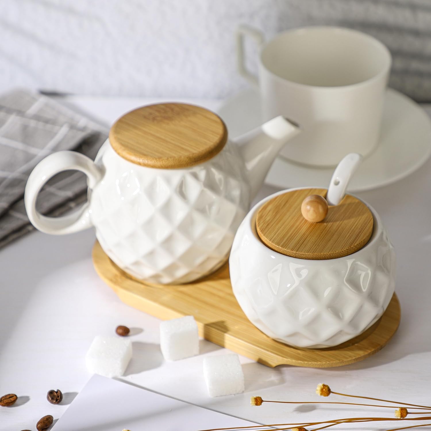 Ceramic Creamer and Sugar Sets,12oz Cream Pitcher, 7.5oz Sugar Bowl with Tray, Spoon and Lid for Cream and Sugar Spices, Condiments, Coffee Accessories,Tea