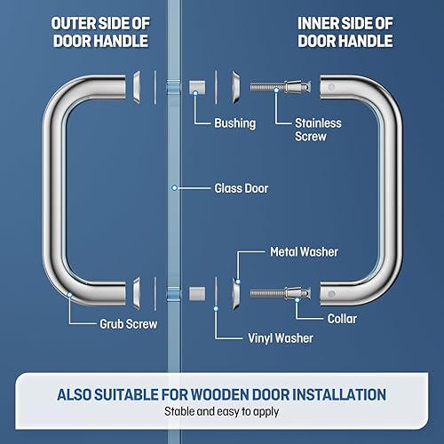 Miniatura 5 de Ranbo Hardware - Tirador tubular de puerta de ducha de 6 pulgadas para puertas de ducha sin marco, cromo pulido, con arandelas (acabado cepillado de