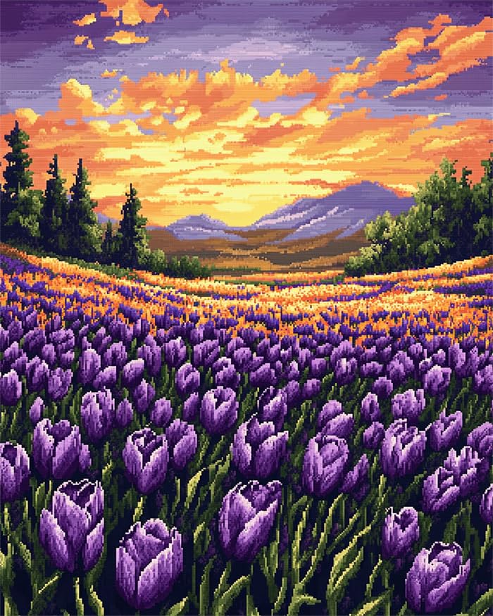 Kit Broderie Point de Croix Compté Tulipes Violettes 40x50cm pour Débutant