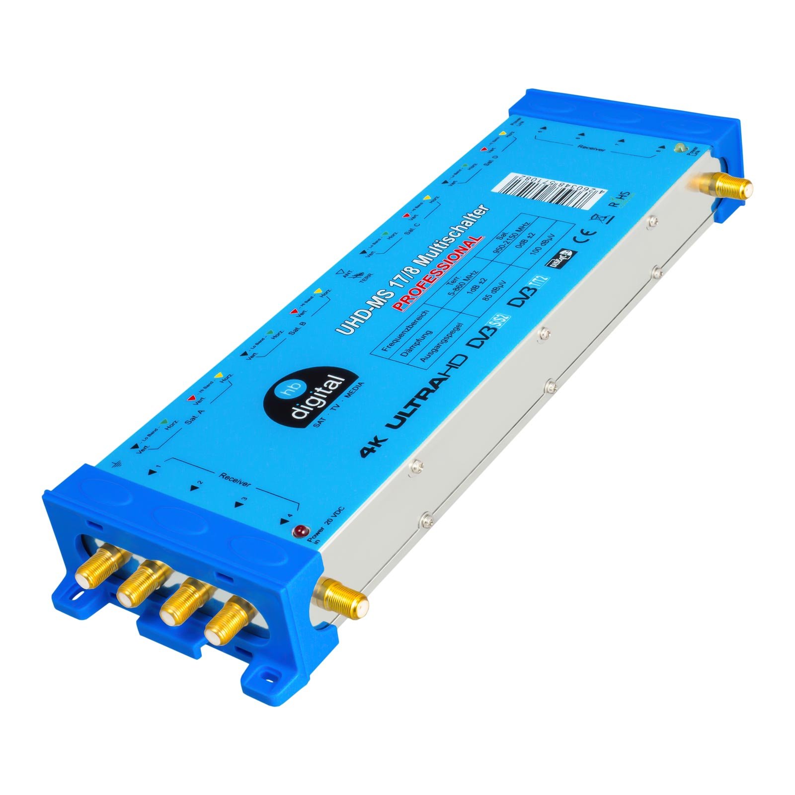 HB-DIGITAL Multiswitch pmse 17/8 4X SAT hasta 8 x abonado / receptor para Full HDTV 3D 4K UHD con fuente de alimentación