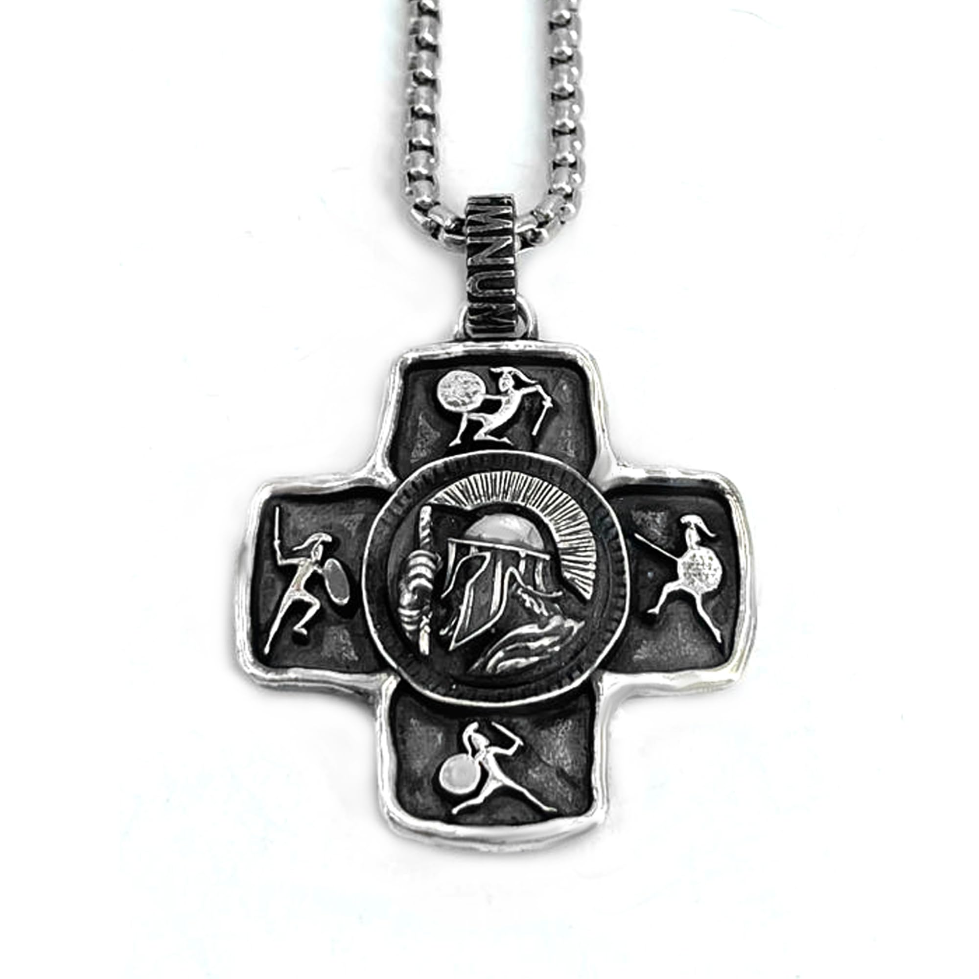 HIMNUM Medalla Cruz Warrior - Collar Colgante Plata de 1ª Ley 925 y Cadena de Acero. Diseño Exclusivo. Regalo Único.