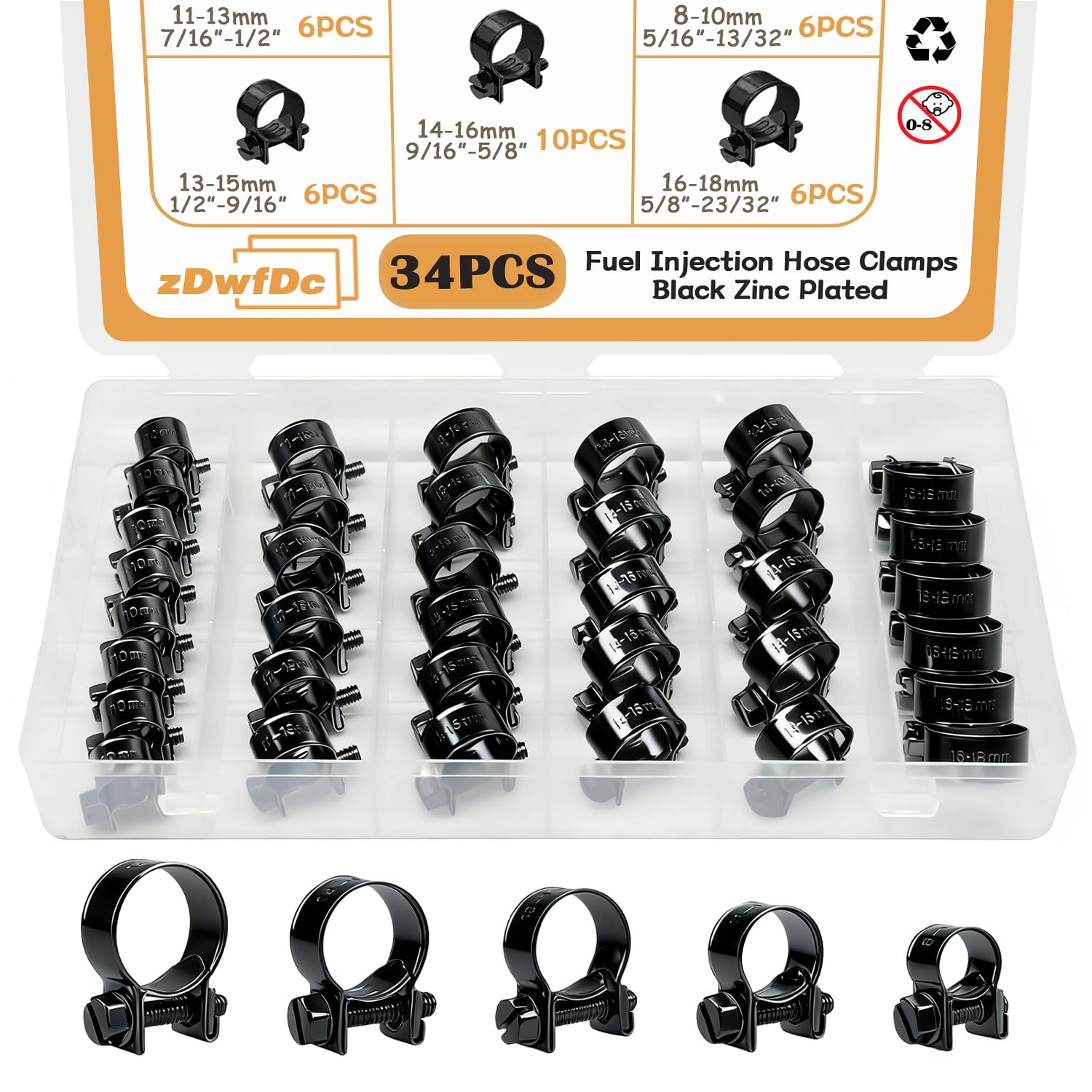 Photo 1 of 34PCS 5 Sizes 8-18mm Fuel Line Clamps Clips Assortment Kit 1/4" 5/16" 3/8" Fuel Injection Gas Line Automotive Diesel Petrol Pipe Hose Clamps DD025-BN