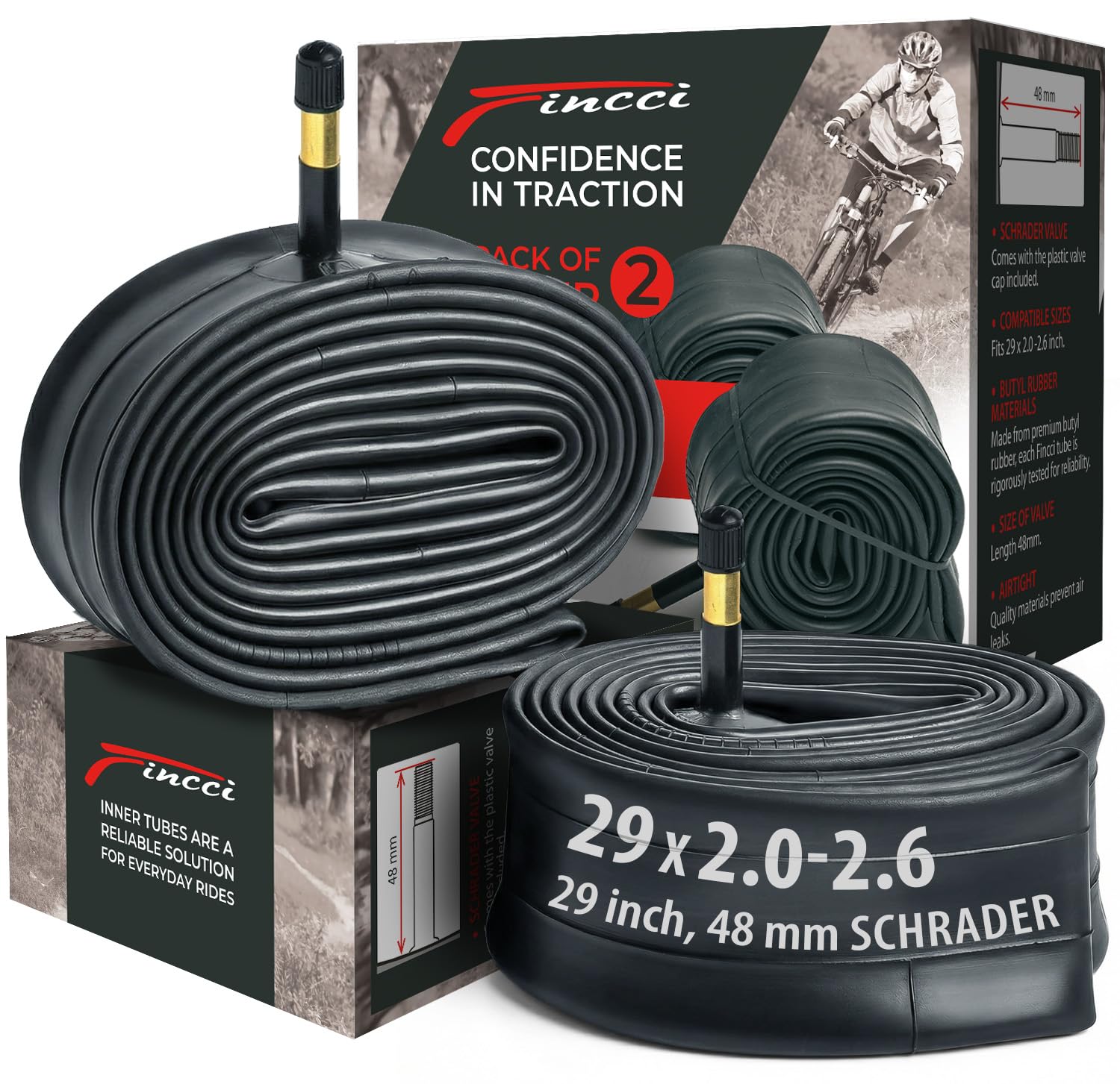 Fincci 29 Inch Inner Tube Mountain Bike - Pair Bike inner Tubes 29 x 2.10 x 2.2x2.3x 2.35 x 2.4 x 2.5 x 2.6 with 48 mm Schrader Valve, For MTB, Road, Hybrid & Electric Bicycles, Pack of 2 accessories