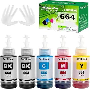 664 Ink Refill Bottles High Capacity for ET-2650 ET-2500 ET-2550 ET-2600 ET-4500 ET-3600 ET-4550 ET-16500 5P, 2BK C M Y