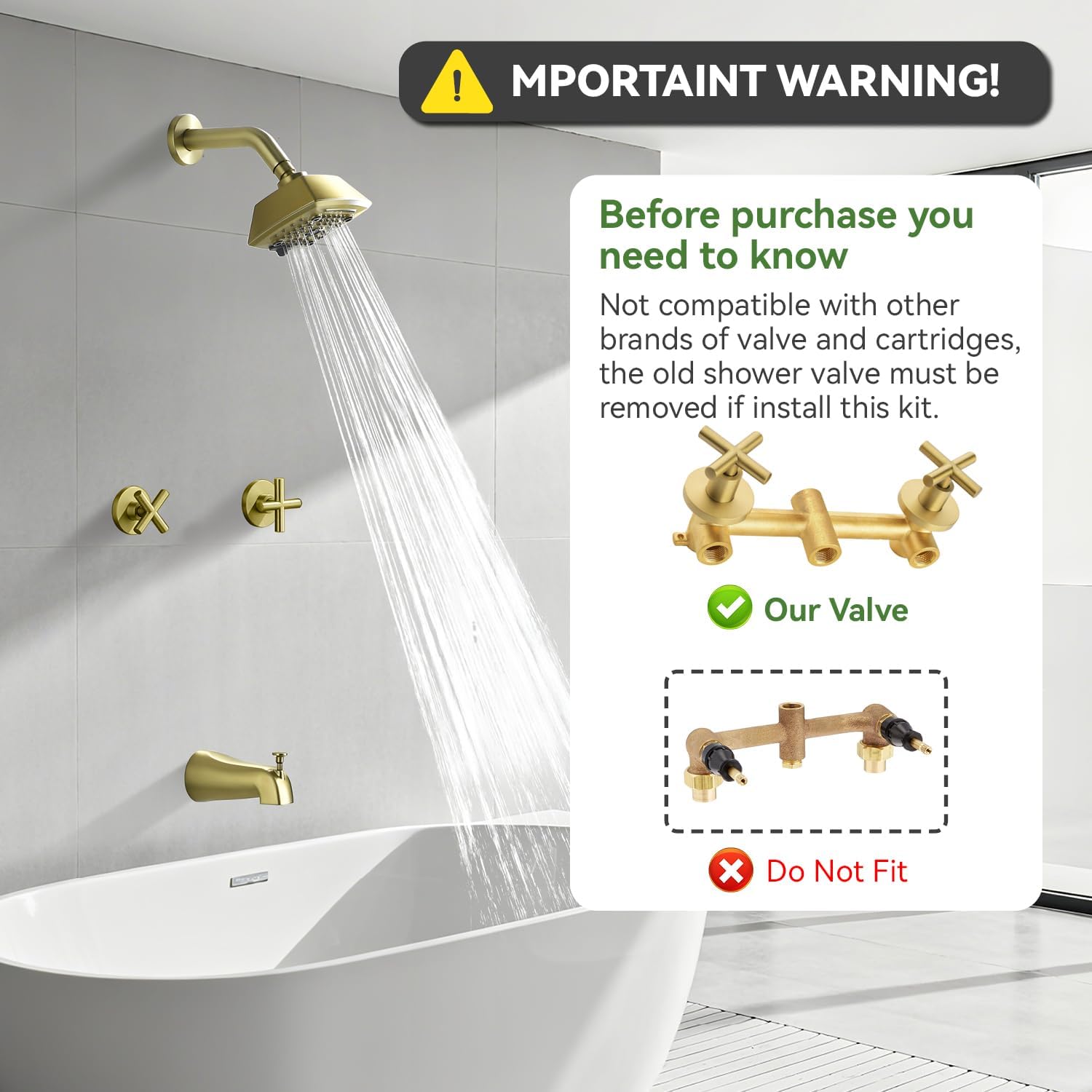 2 Handle Shower Faucet Set with Tub Spout 6-Spray Shower Head and Handle Set Shower Trim Kit with Rough-in Valve Bathroom Shower Faucet Valve Trim Kit Brushed Gold