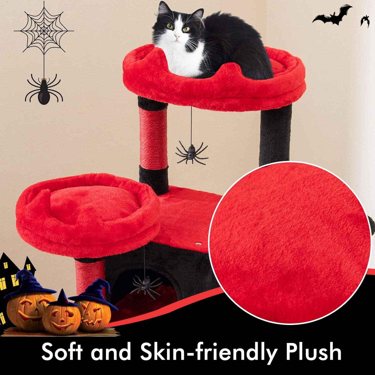 PETSITE 62-inch Gothic Cat Tree, Multi-Level Goth Coffin Cat Tree Tower with Sisal Scratching Posts, Board and Ladder, Basket, Condos, and Hanging Spider Toys, Ideal for Indoor Cats, Black & Red