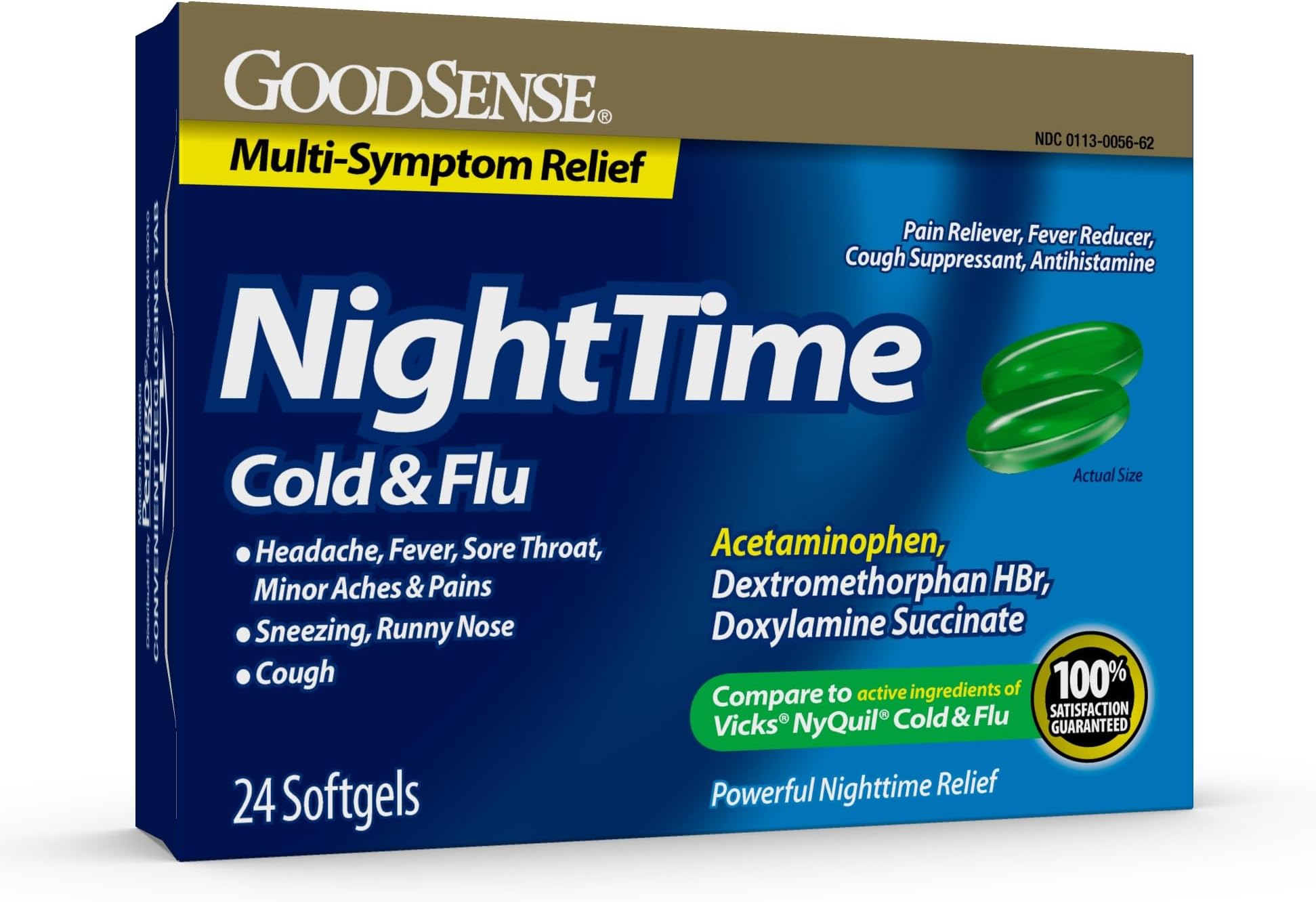 GoodSense Nighttime Cold & Flu Softgels, Relieves Aches and Pains Related to Cold & Flu, 24 Count (Pack of 1)