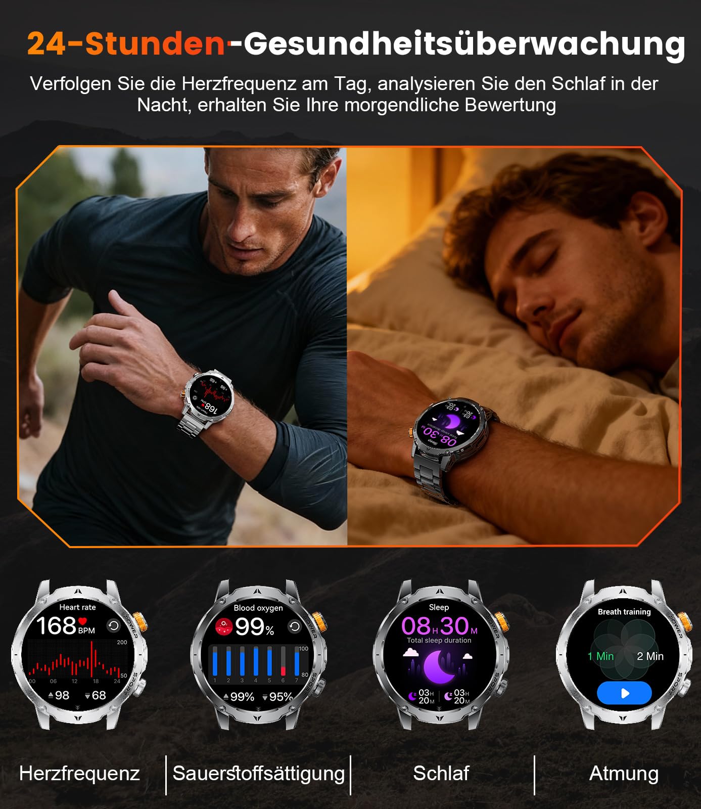 LIGE Smartwatch Herren mit 1000mAh Akku/1.7'' HD Große Display,Militär Smartwatch mit Taschenlampe/Bluetooth Anrufe/120+ Sportmodi,IP68 Wasserdicht Fitnessuhr Herzfrequenz/Schlafmonitor,Stahlschwarz