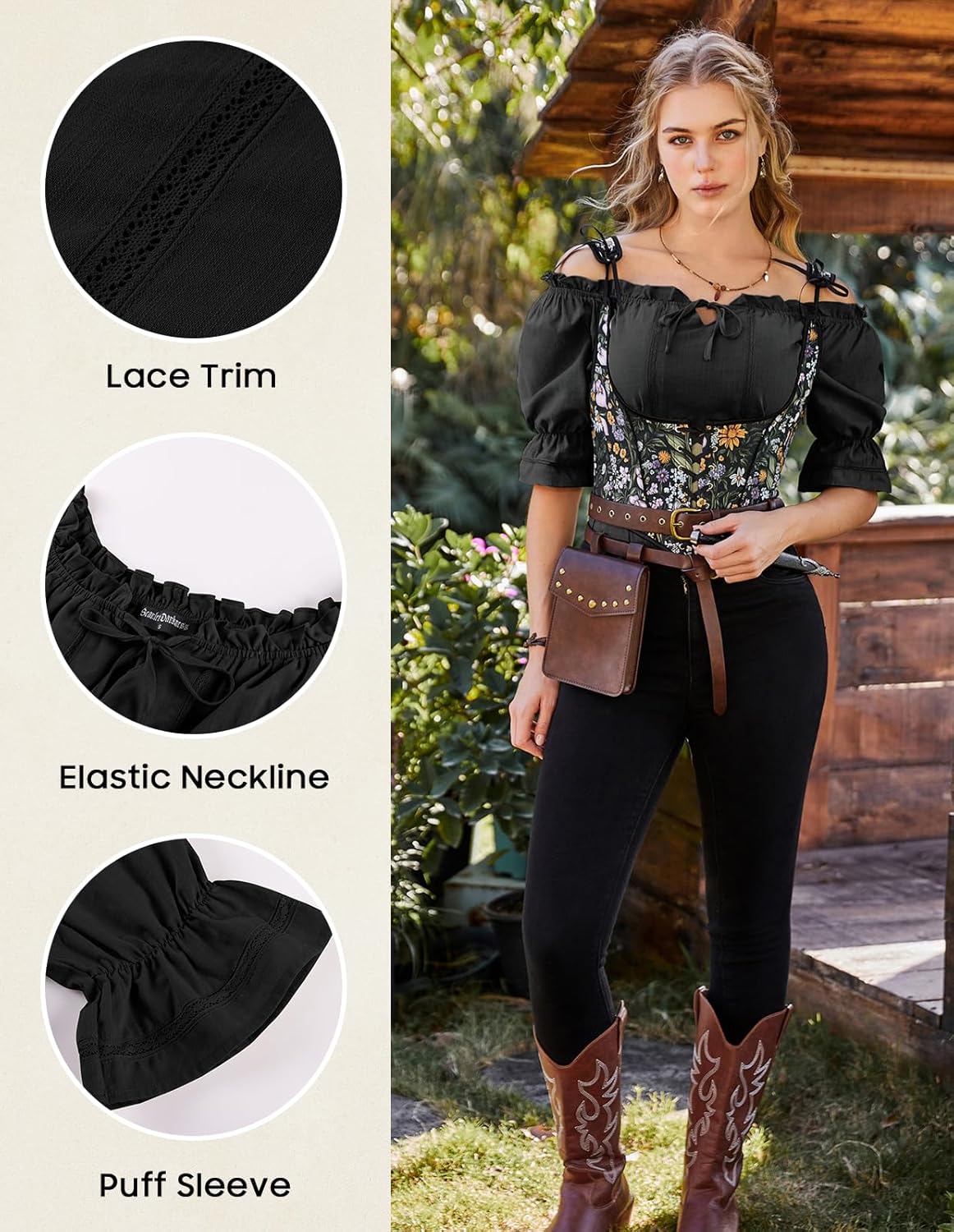 Scarlet Darkness Peasant Blouses for Women Off The Shoulder Top Puff Sleeve Renaissance Shirt - Image 4