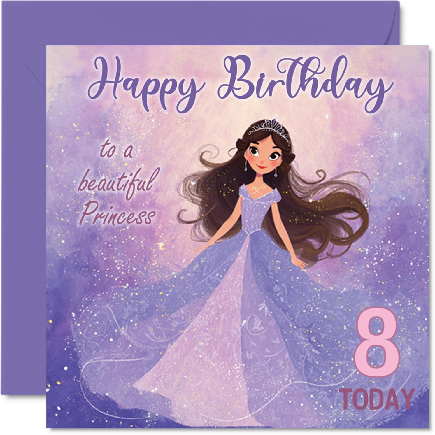 8th Birthday Cards for Girls - Princess in Purple - Happy Birthday Card for 8 Year Old Girl Step Daughter Goddaughter Granddaughter Great Niece, 145mm Bday Greeting Cards