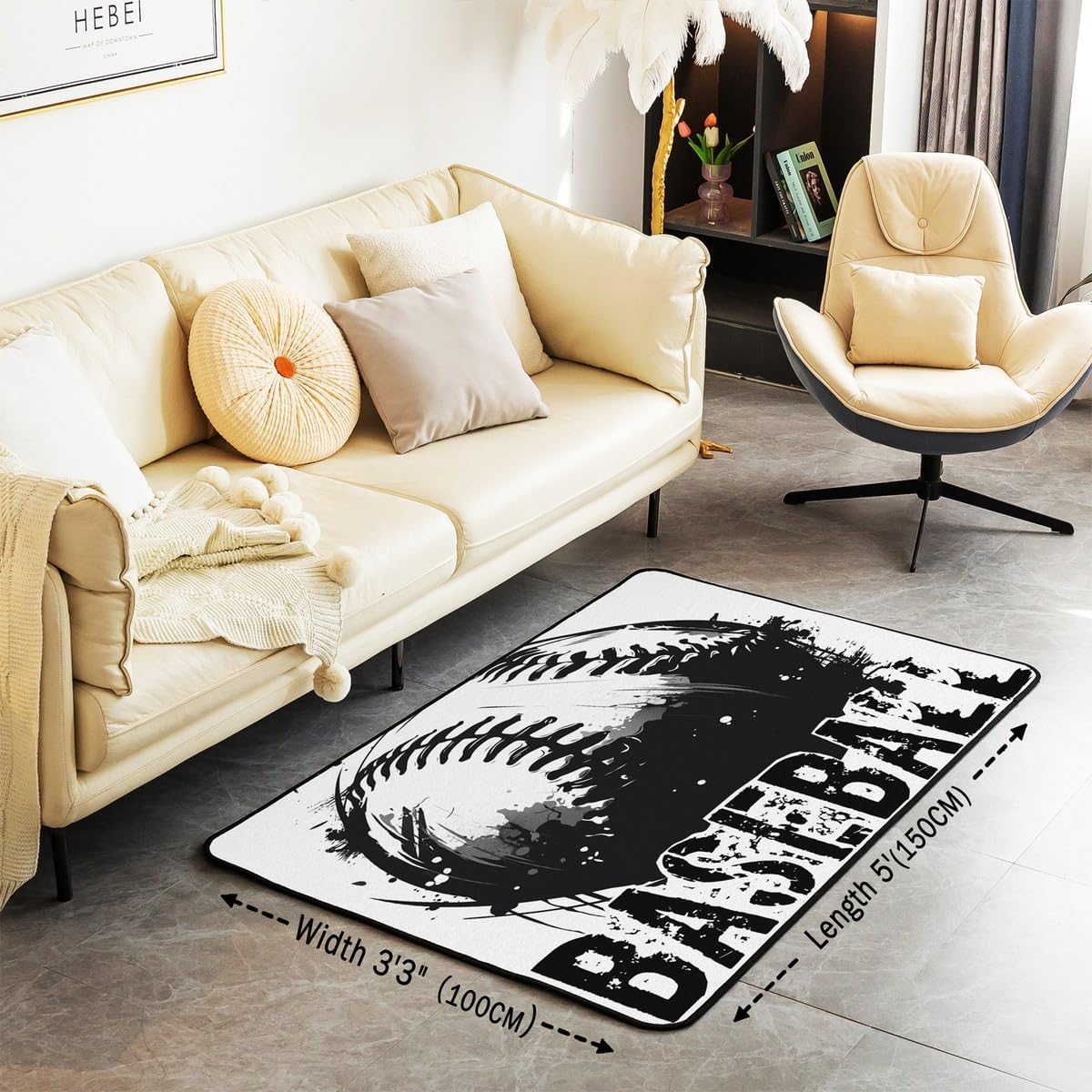 Erosebridal Baseball Area Rug 3'x5',Sports Theme Decorative Rug Kids Teens Boys Men Adult Modern Carpet,Baseball Player Indoor Floor Mat for Bedroom Living Room Bedside Playroom Black White