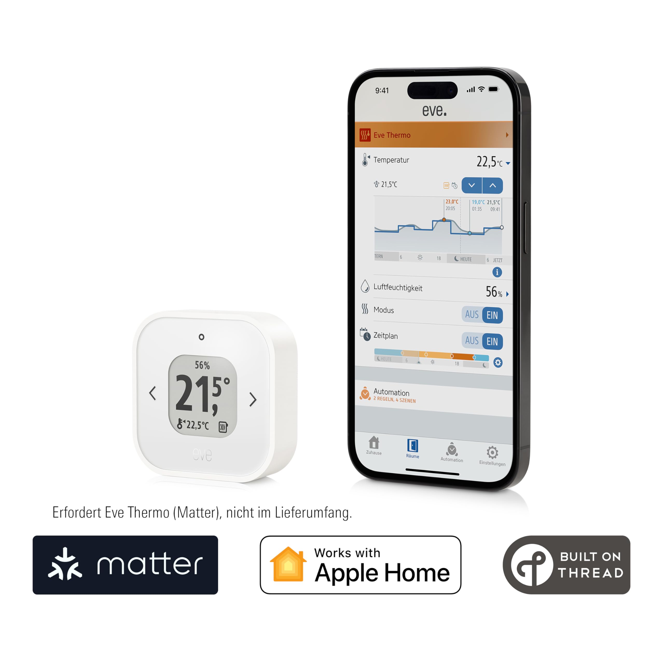 Eve Thermo Control (Matter) – Temperatursensor und -regler für Eve Thermo Thread, für Apple Home, benötigt Apple TV 4K (2. Gen./3. Gen. 128 GB), HomePod (2. Gen.) oder HomePod Mini