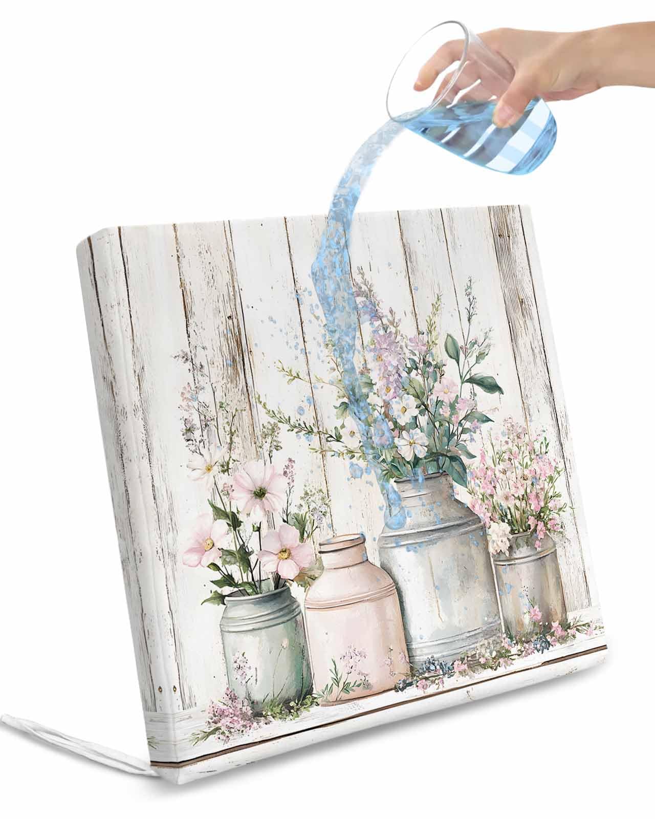 2 Pack Botanicals Flower Waterproof Cushion Covers with Ties, Outdoor Patio Chaise Lounge Chair Seat Cushion Slip Covers Replacement(Only Cover) Retro Farm Floral Rustic Wood Grain 22