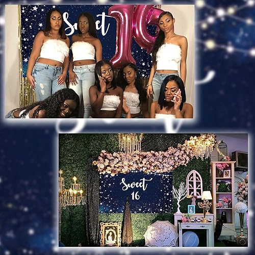 Miniatura 4 de Telón de fondo de noche estrellada dulce 16, estrellas blancas, cielo nocturno, decoración de fiesta de cumpleaños número 16, fondo de galaxia,