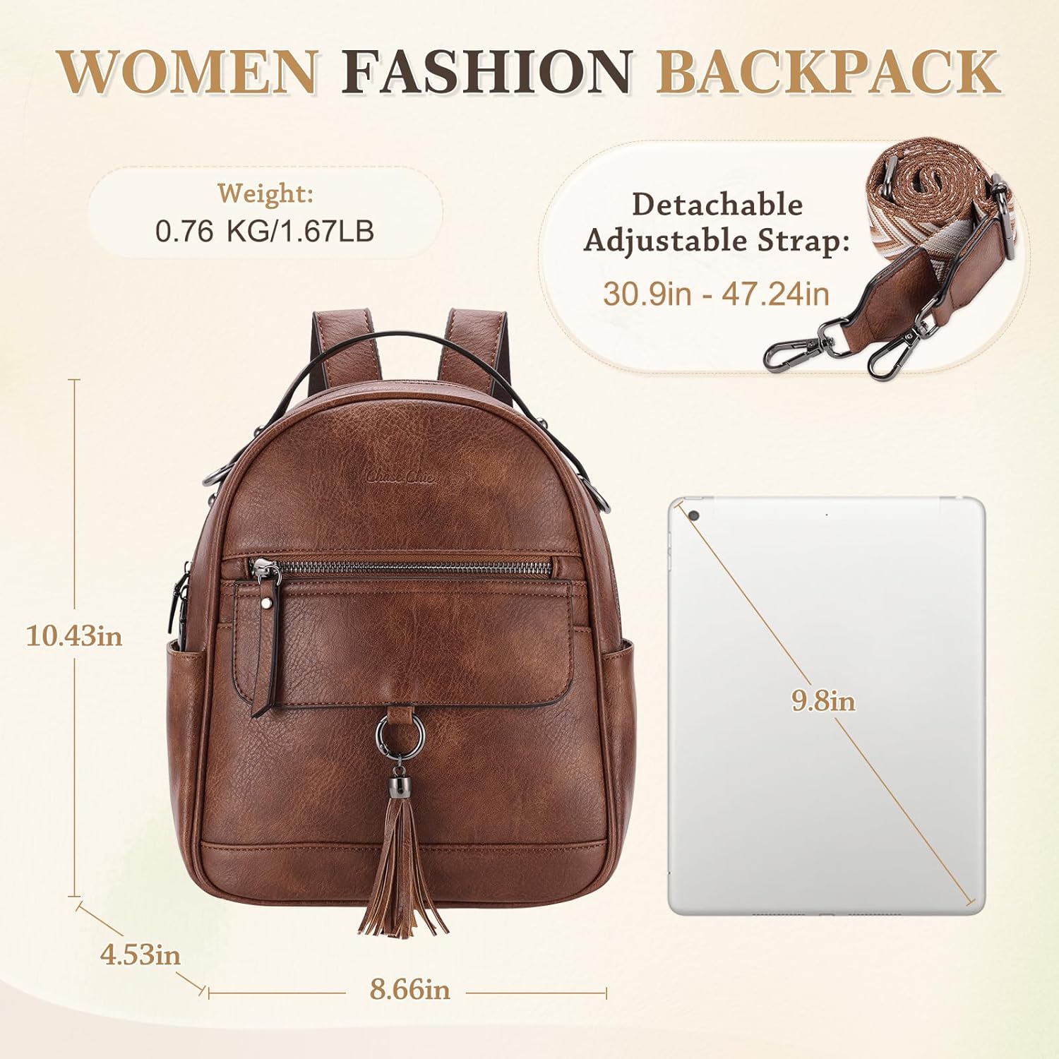Chase Chic Mini Backpack Purse for Women, Vegan Leather Cute Small Backpack Ladies Fashion Shoulder Handbag for Travel Brown - Image 2