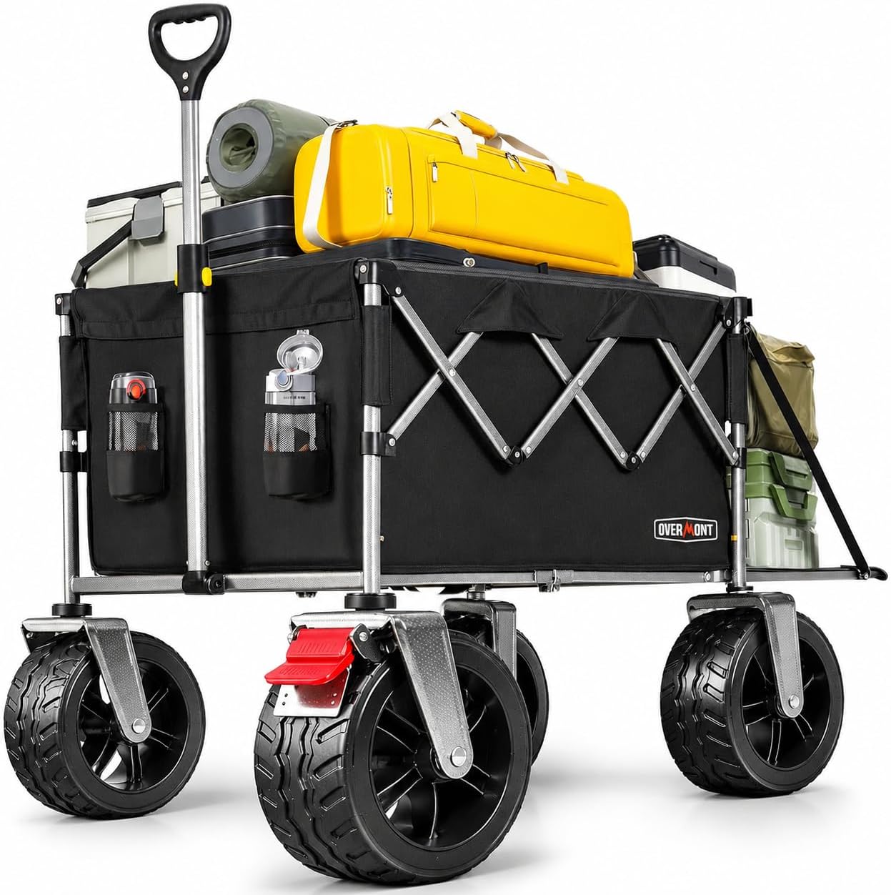 Overmont 300L Large Capacity Folding Festival Wagon, Heavy Duty Collapsible Trolley with Extra Wide All-Terrain Wheels & Brakes, 150kg Load Capacity for Camping, Beach & Garden，Black