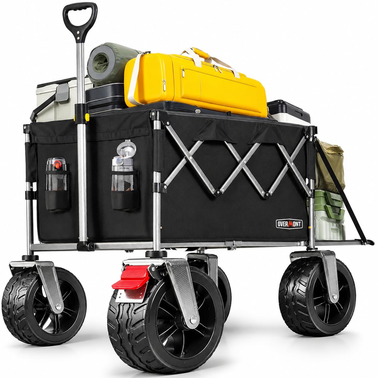 Overmont 300L Large Capacity Folding Festival Wagon, Heavy Duty Collapsible Trolley with Extra Wide All-Terrain Wheels & Brakes, 150kg Load Capacity for Camping, Beach & Garden，Black