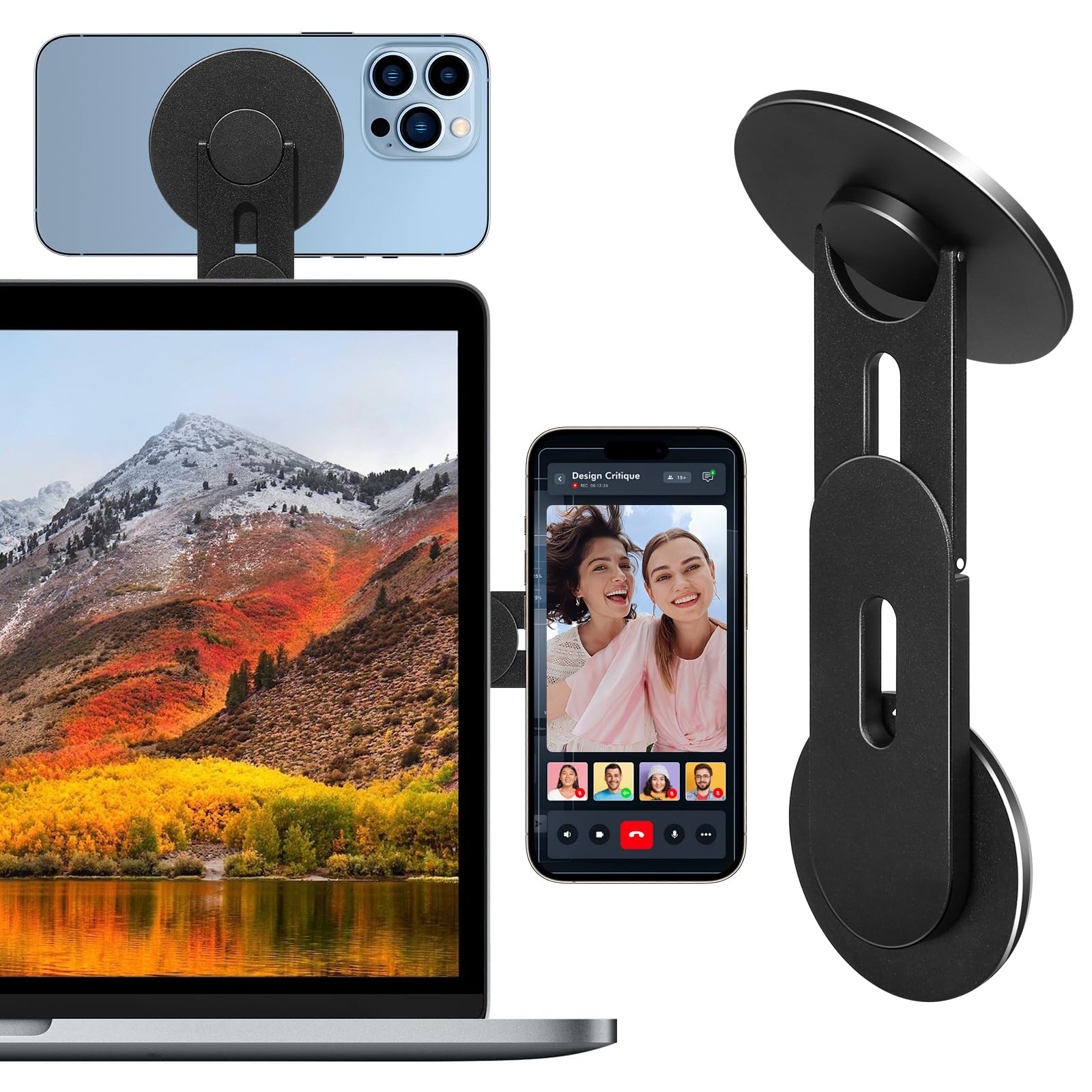 Aerbeis Magnetic Laptop Phone Mount Designed for iPhone 16/15/14/13/12 MagSafe Samsung HTC, Adjustable Phone Monitor Side Mount, Slim Portable Foldable Computer Expansion Bracket