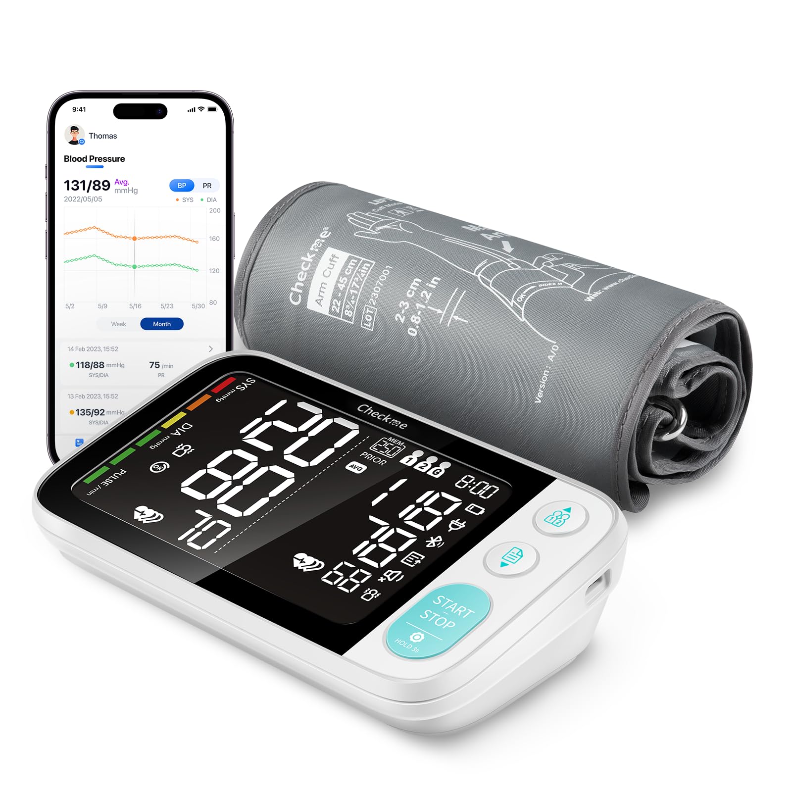 Checkme Bluetooth Blood Pressure Machine for Home Use include Pregnant Women & Diabetics, Extra-Large Automatic Cuff 22-45cm, Digital BP Monitor w Large 5.5” Display, 2*250 Stockage, Voice Broadcast