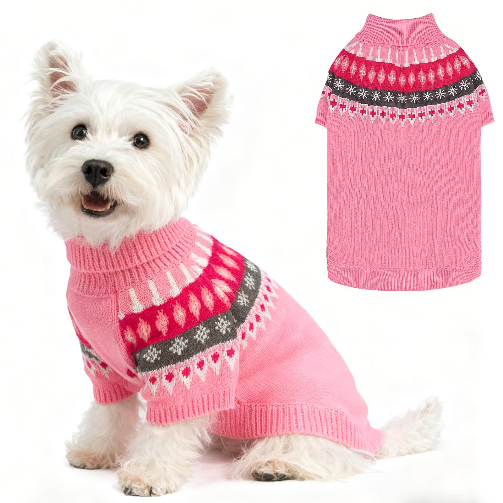 EXPAWLORER Turtleneck Dog Jumper - Knitted Dog Clothes in Classic Fair Isle Patterns, Warm Comfortable Puppy Jumper Pet Sweater with Sleeves, Winter Pet Outfit Pullover for Dogs Cats, Pink S-M