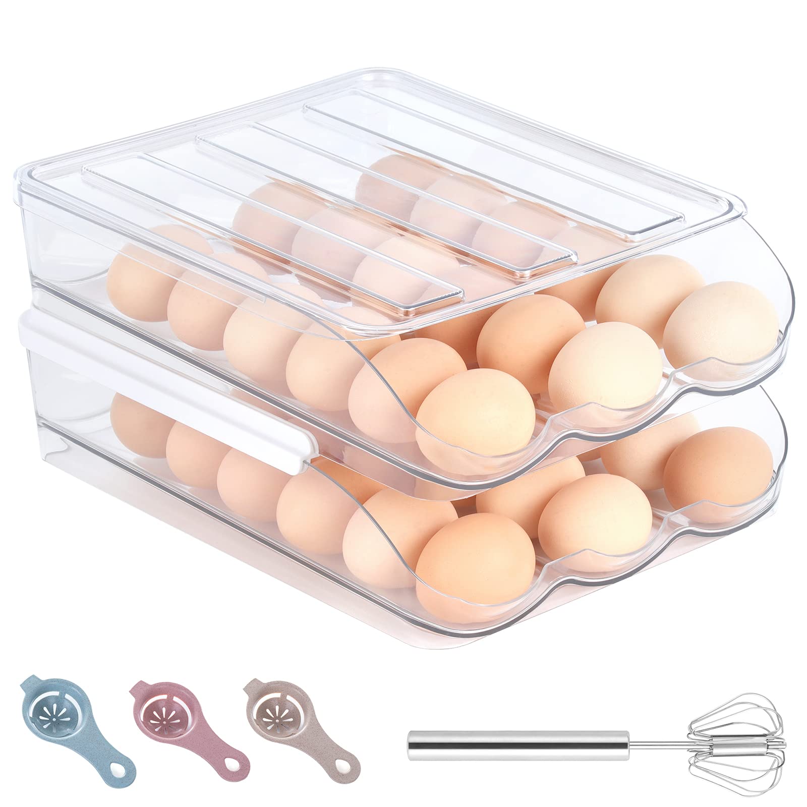 Auoinge Egg Organizer for Refrigerator, 36 Automatic Rolling Egg Holder for Refrigerator, Large Capacity Stackable Egg Storage Container for Refrigerator, Clear Egg Tray with Lid 2 Layers
