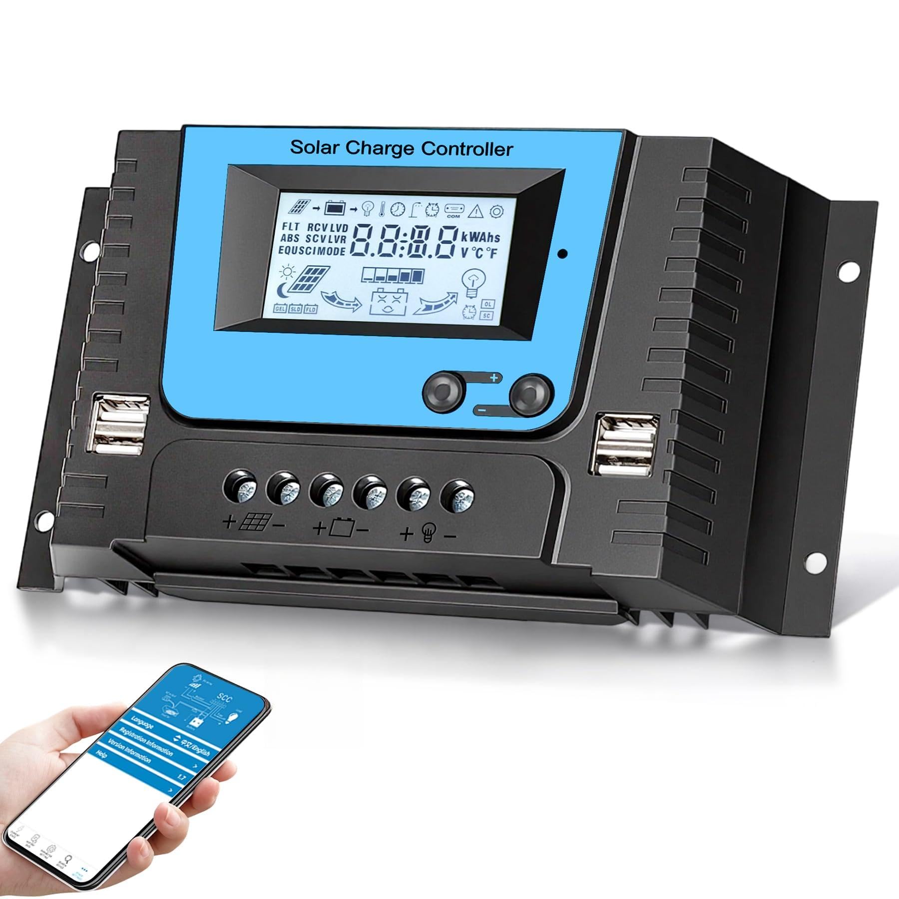 30A Contrôleur de Charge Solaire 12V 24V 36V 48V Avec Bluetooth, PWM 30A Régulateur Charge Solaire avec Capteur Température, Rétroéclairé LCD Écran, 4 ports USB, pour Plomb Acide et lithium Batterie