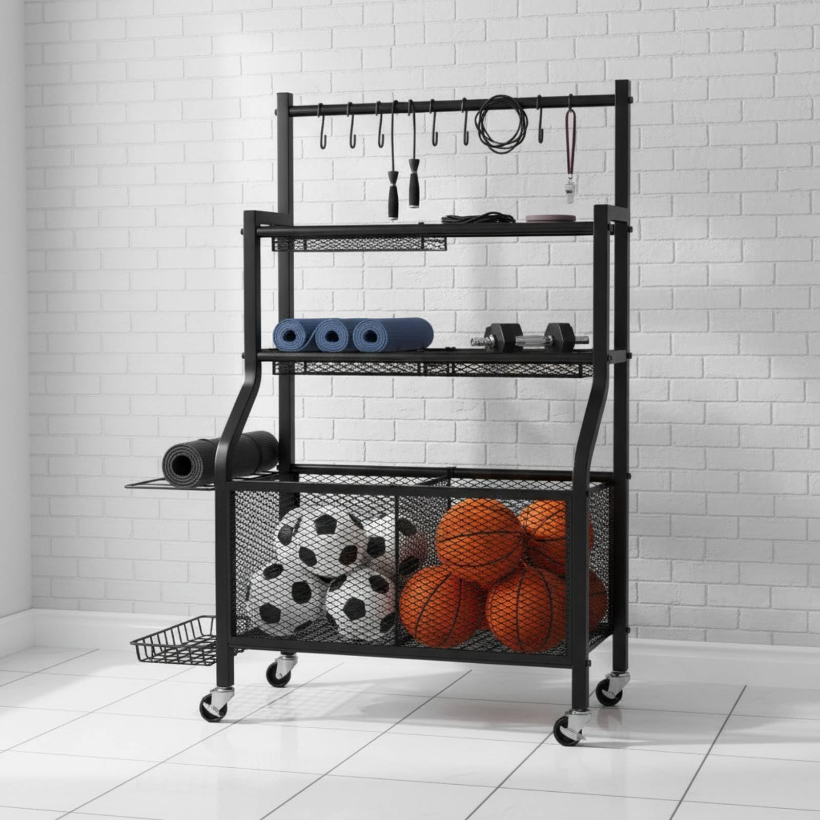 Rastrelliera Porta Attrezzi con Rotelle Metallico Carrello Porta Attrezzi Sportivi Design Verticale Attrezzature Sportive