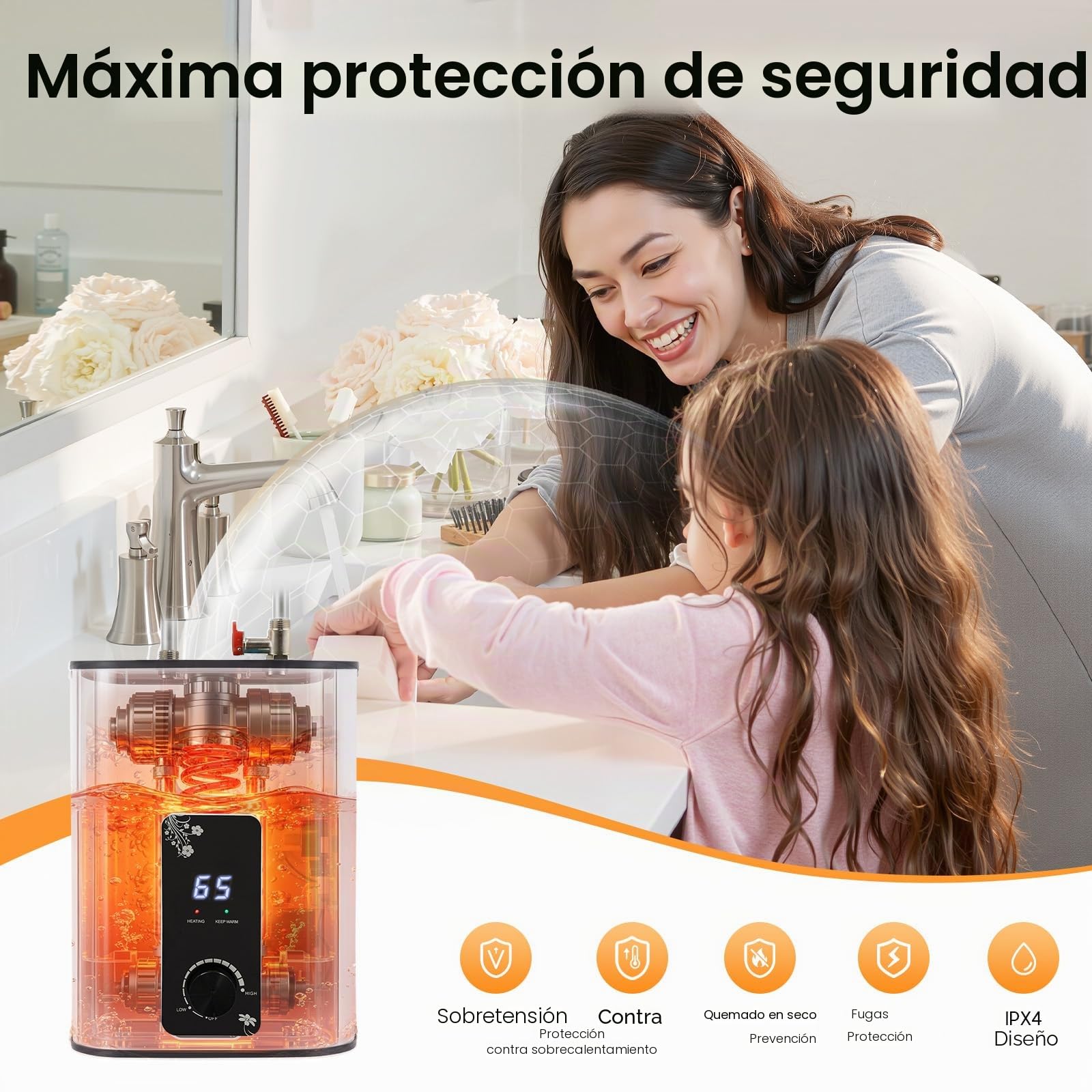 MINRS Calentador de agua caliente de 8 litros, para debajo de la mesa, 1500 W, pequeño depósito de agua caliente resistente a la presión con función de termostop, caldera bajo el escritorio, 0 – 65 ℃,