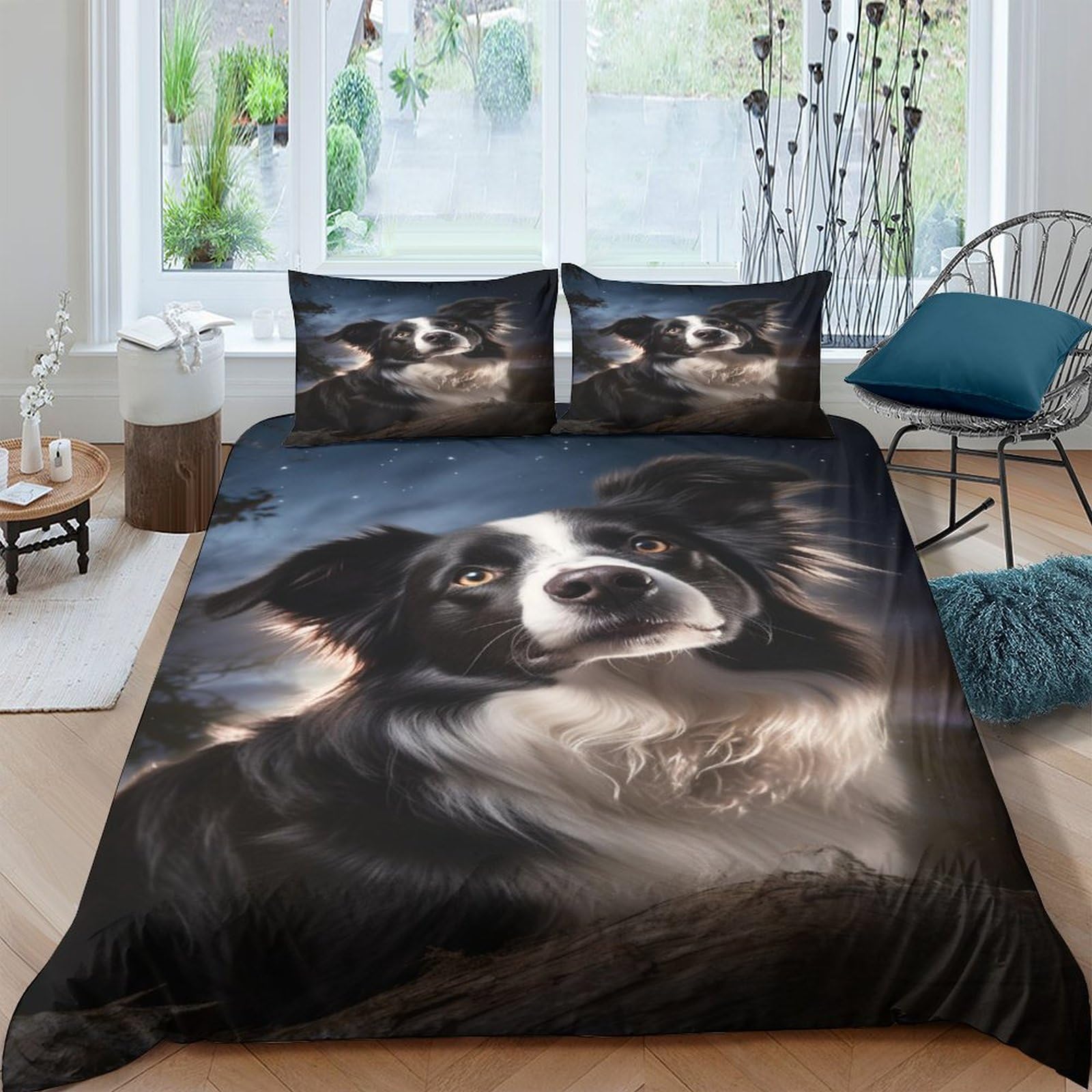 Aaharya Border Collie Bedding Set Duvet Cover Soft Microfiber Quilt Cover With 3D Cute Puppy Print Design For Kids Teenagers Adult 3 Piece Set With Zipper Closure King（220X240cm）