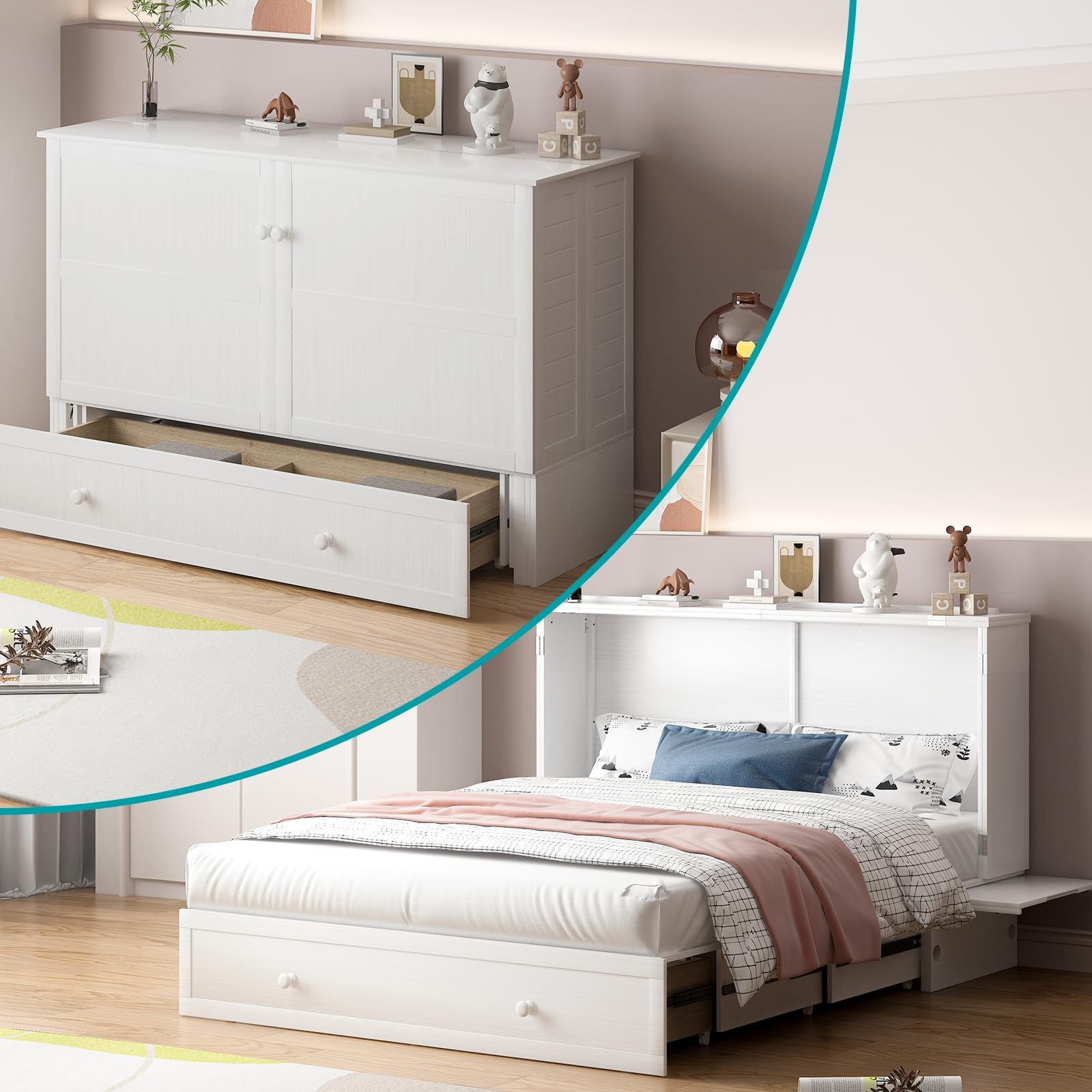 BALUS Queen Murphy Bed Cabinet with Mattress, Cabinet Beds with 2 Storage Drawers, Murphy Chest Bed with USB Charging Station, Horizontal Cube Wallbed