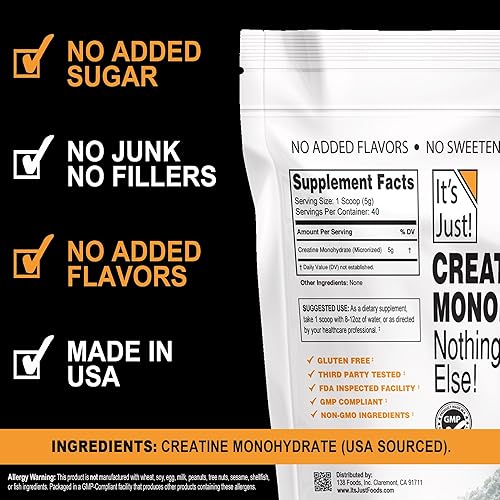 Miniatura 3 de It's Just! - Polvo de monohidrato de creatina, polvo de creatina pura, fabricado en Estados Unidos, probado en laboratorio de terceros, 0.18 oz por