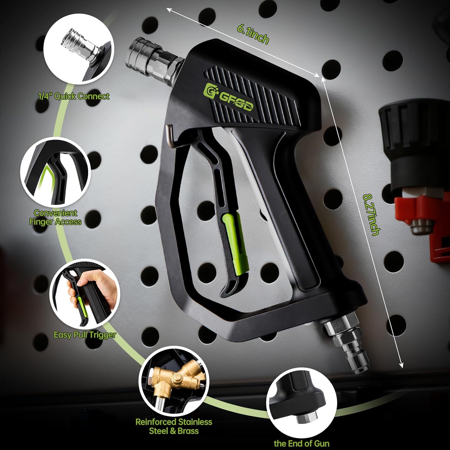Short Pressure Washer Gun MAX 4350 PSI with 1/4” Quick Connector, Power Washer Gun with 3/8” Male Plug and M22 14/15mm Fittings, High Pressure Water Trigger Handle with 5 Spray Nozzle Tips