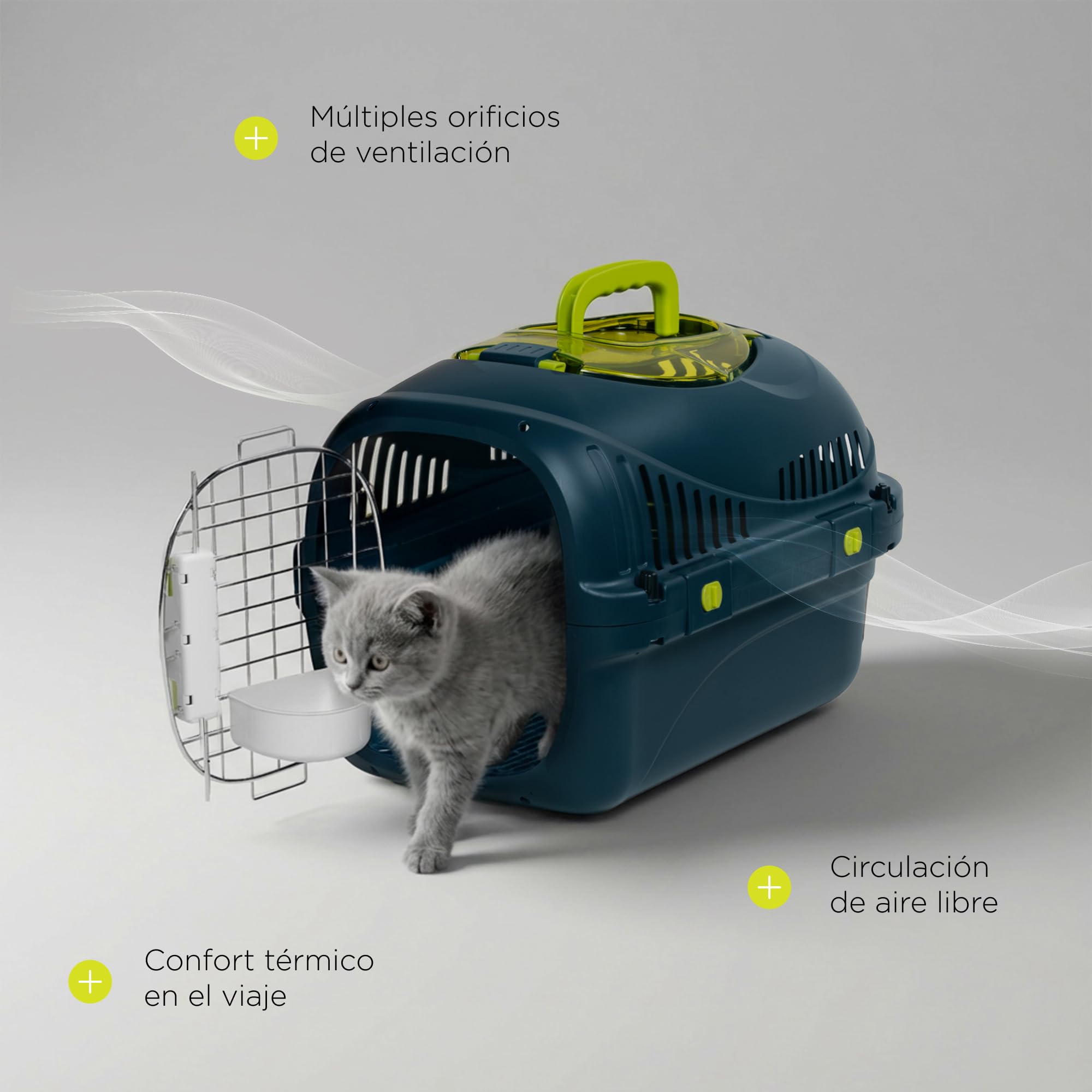 Safy Transportín para Gatos Rígido, Carcasa PP, Puerta de Metal con Doble Cierre Seguro, Ventilación 360, Asa Plegable, Rejilla para Empapador y Cuenco Colgable, para Coche y Viaje, hasta 5 kg